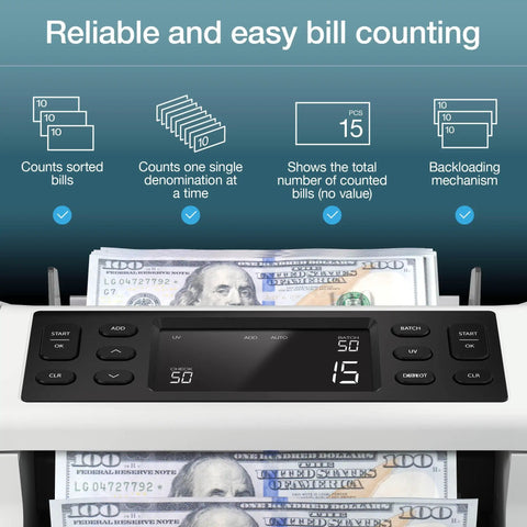 Beast Money Counter Machine With Counterfeit Detection Counts Up To 1000 Bills Per Minute features LCD display and bill feed.