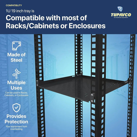 Heavy Duty 1U Server Rack Shelf 3 Pack featuring Four Post Mount Tray compatible with standard 19 inch racks, showing steel material and multifunctional use.