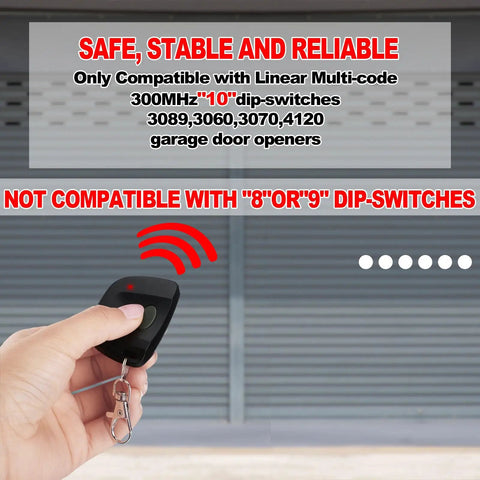 Hand holding Three Pack Garage Door Opener Remote Compatible With Multicode 300MHz 10 Dip Switch 3089 3060 3070