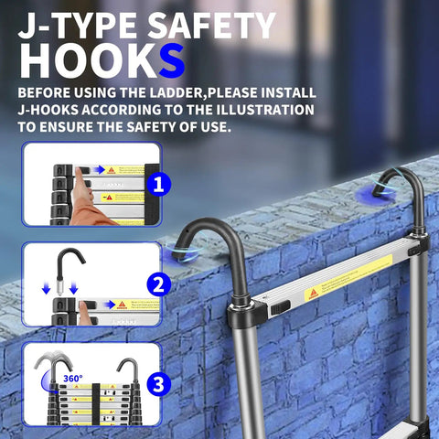 Telescoping Ladder 24.6 Ft Heavy Duty Aluminum Extension Ladder With Adjustable Sections And Removable Hooks For Roof Access Attic Loft And Exterior Maintenance Built Tough And Easy To Store, J-type safety hooks on roof wall