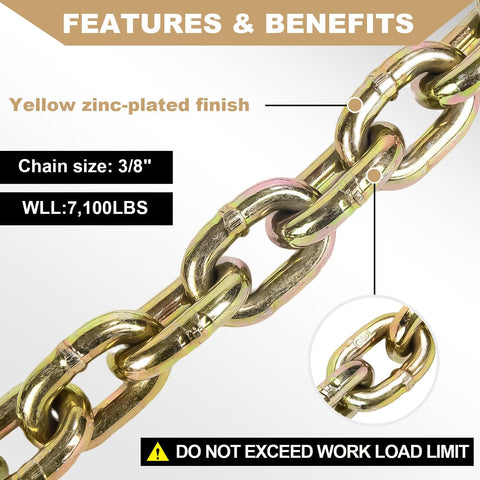 Heavy Duty Chain And Binder Set Three Eighths To One Half Inch G80 Transport Chain Ten Feet Four Pack With Ratchet Load Binders Nine Thousand Two Hundred Lbs WLL For Trucking Trailers And Industrial Agricultural Traction Applications showing 3/8 inch yellow zinc-plated chain section.