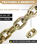 Close-up of Built Like A Tank 3/8 Inch G80 Transport Binder Chain, showing yellow zinc-plated finish and WLL of 7100 lbs.