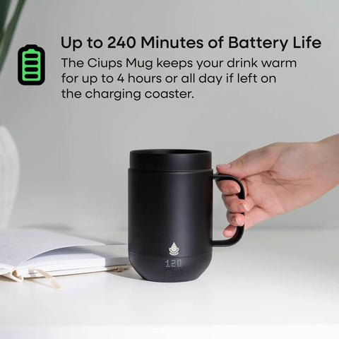 Self Heating Coffee Mug With Rechargeable Battery And Digital Temperature Control keeps drinks warm for up to 4 hours, 16 oz black.