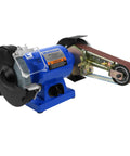 Heavy Duty 1 HP Workhorse Industrial Belt And Bench Grinder Combo Featuring Multitool Attachment with blue body and sanding belt.