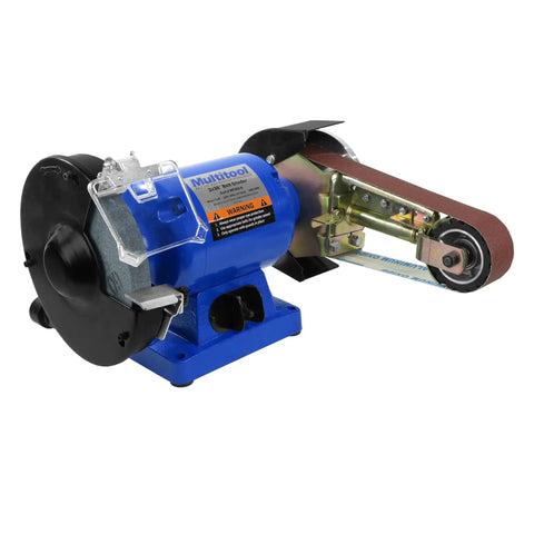 Heavy Duty 1 HP Workhorse Industrial Belt And Bench Grinder Combo Featuring Multitool Attachment with blue body and sanding belt.