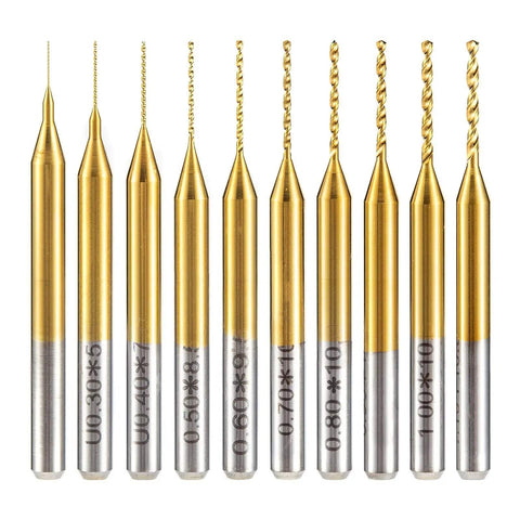 10 Pcs Micro Drill Bit Set 0.2mm to 1.1mm With 1 Eighth Inch Shank Spiral Flute CNC Router Bits for PCB Circuit Boards