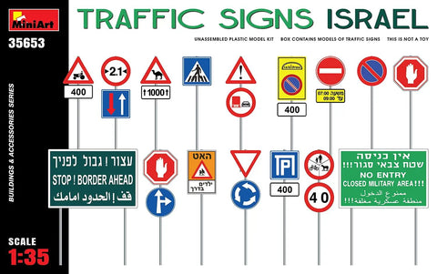 Dope One Thirty Five Scale Israel Traffic Signs Model Kit showing various colored signs for dioramas and military displays
