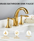 Slick Polished Gold Brass Widespread Bathroom Faucet 3 Hole Mount With Dual Handles Ceramic Cartridge Includes Water Supply Lines Rust and Corrosion Resistant And Built To Last For Sink mounted on white countertop