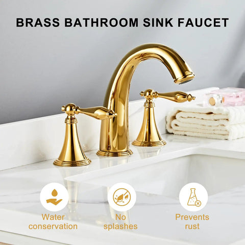 Slick Polished Gold Brass Widespread Bathroom Faucet 3 Hole Mount With Dual Handles Ceramic Cartridge Includes Water Supply Lines Rust and Corrosion Resistant And Built To Last For Sink mounted on white countertop