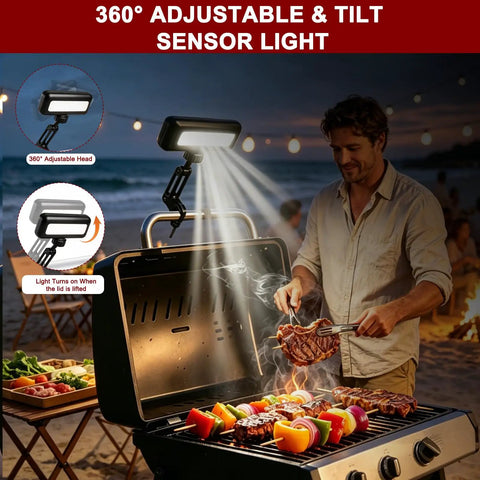 Grill scene with Rechargeable Grill Light For Outdoor Grills 400LM LED With Auto On Off Sensor USB C Rechargeable attached