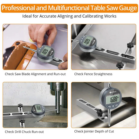 Digital Dial Indicator Table Saw Gauge for Three Quarters Inch Miter Groove and Wider Pro Grade Blade and Fence Alignment Runout Check Calibration for Table Saws Band Saws and Drill Presses showing alignment uses.