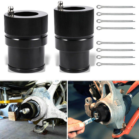 Black wheel bearing greaser tool kit with 40mm/44mm adapters and six metal pins, front view