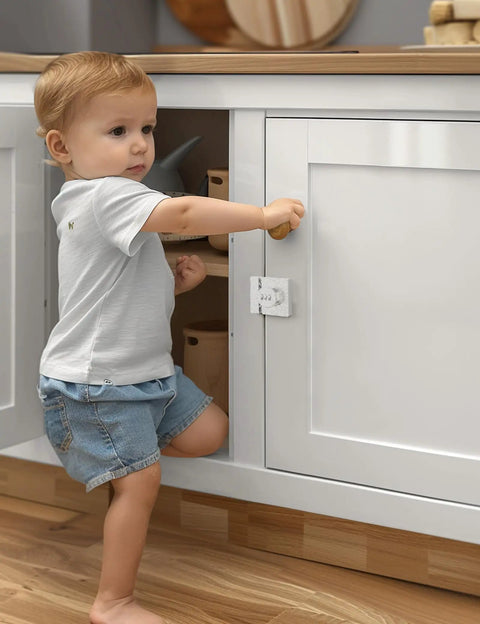 Solid Keyless Cabinet Lock With Three Digit Combo For Sliding Doors And Drawers Featuring Anti Pry Bar And No Sweat Install White Finish and child using cabinet.