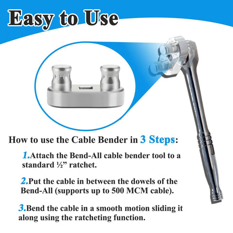 Heavy Duty 2 Pack Cable Bender Tool Connects Directly To Half Inch Ratchet For Bending Up To 500 MCM Electrical Wire instructions with components.