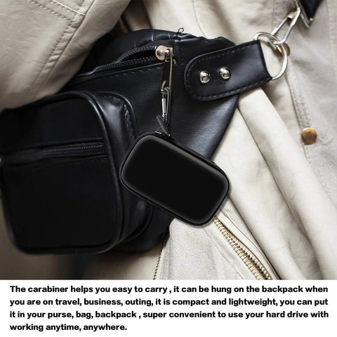 Durable Grab And Go Carrying Case For T7 And T7 Touch Portable SSD on black backpack with carabiner attached