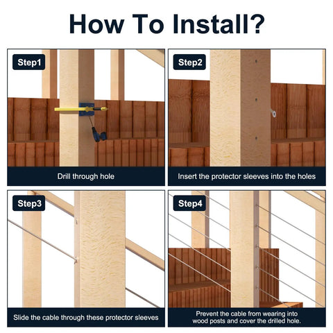 Installation steps for 40 Pack Angle Beveled Protector Sleeves For Stair Cable Railing 25 30 35 Degrees on wood posts.