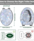 Elongated Resin Toilet Seat for Bathroom diagram showing measurements for correct fit, suitable for elongated toilets 18.5 inches.