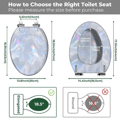 Elongated Resin Toilet Seat for Bathroom diagram showing measurements for correct fit, suitable for elongated toilets 18.5 inches.