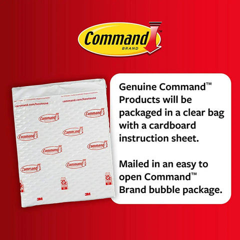Command Brand bubble mailer with packaging instructions next to genuine packaging disclaimer on a red background