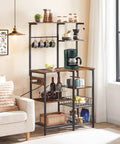Large Bakers Rack With Power Outlets For Kitchen And Office, 6 Tier Microwave Stand With 4 Hooks, rustic brown shelves