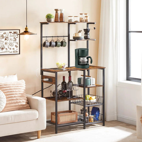Large Bakers Rack With Power Outlets For Kitchen And Office, 6 Tier Microwave Stand With 4 Hooks, rustic brown shelves
