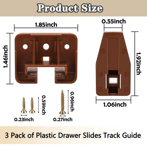 3 Pack Plastic Drawer Slides And Guides Replacement Tracks For Center Mount Bottom Mount Dressers Heavy Duty Glide Hardware No Hassle Vintage Hutch Repair Kit size dimensions with dark brown plastic drawer glides and mounting screws.