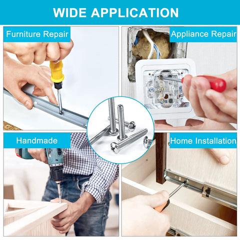 Applications of Top Notch 750 Piece Stainless Steel Fastener Set for furniture, appliance, handmade, and home installation projects.