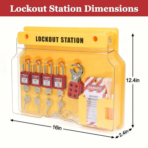 Yellow Lockout Tagout Station Kit with 6 safety padlocks, 2 hasps, tags, mounted on wall, dimensions 12.4x16x2.4 inches.