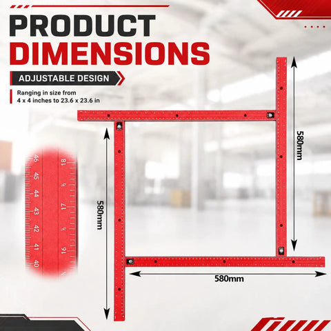 Product dimensions of Heavy Duty Adjustable Juice Groove Router Jig For Cutting Boards Up To 23 6 Inches with adjustable frame.