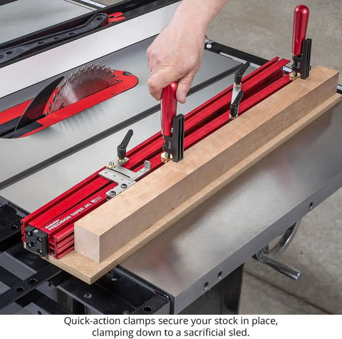 Heavy Hitting 48 Inch Precision Taper Jig For Table Saw With Dead On Accurate Angle Adjustment And Slick Extendable Support For Flawless Woodworking Cuts Made In Usa with quick-action clamps.