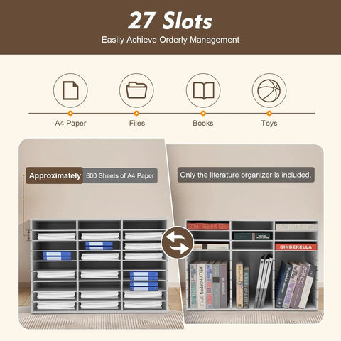 27 Slot Literature Organizer For Classroom Open Front Mailboxes holding paper files and books, white wood, easy access.