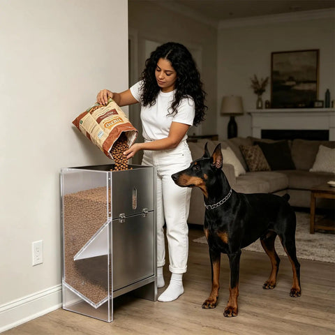 Woman pouring kibble into Built Tough Stainless Steel Dog Feeder For Large Breeds 50 Pound Automatic Kibble Dispenser.