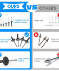 Comparison of our 250 Piece Aluminum Pop Rivets Kit With 7 Sizes Large Flange Rivets against other single-size rivets