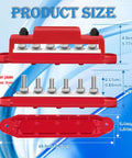 Heavy Duty 250A Bus Bar 12V Marine And Car Power Distribution Block With Six One Quarter Inch Copper Terminals Red Black Pair dimensions labeled