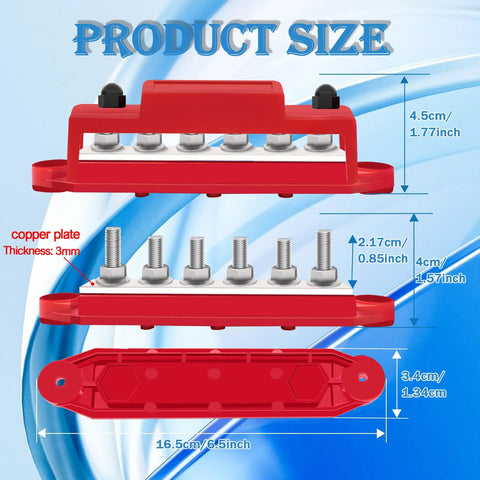 Heavy Duty 250A Bus Bar 12V Marine And Car Power Distribution Block With Six One Quarter Inch Copper Terminals Red Black Pair dimensions labeled