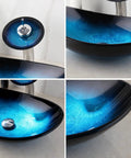 Blue 21 Inch Oval Glass Vessel Sink With Faucet And Pop Up Drain Above Counter Modern Bathroom Vanity Setup Tempered Hand Painted Glass