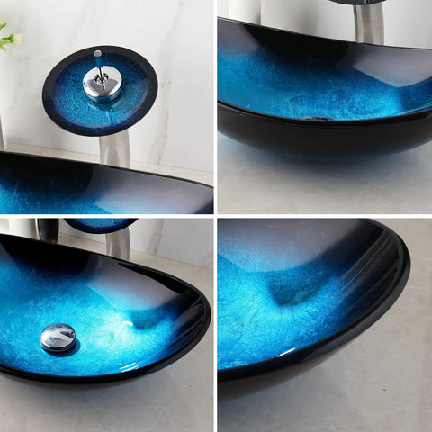 Blue 21 Inch Oval Glass Vessel Sink With Faucet And Pop Up Drain Above Counter Modern Bathroom Vanity Setup Tempered Hand Painted Glass