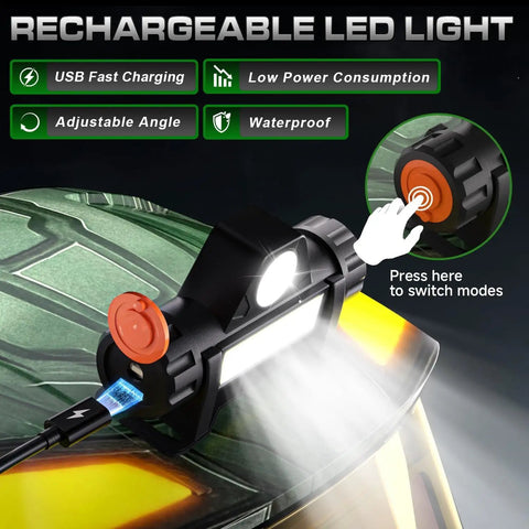 Rechargeable LED light on helmet, highlighting USB charging and mode switch. Helmet for weld cut grind; see full keyword in other alt tags.
