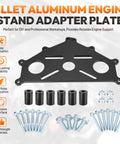 Billet Aluminum Engine Safe Stand Adapter Plate For Chevy Small Block Big Block And GM LS LT V8 Engines Beefy Built Heavy Duty Durable Fitment For LS1 LS2 LS3 LS6 LS7 LS9 L76 L92 L96 LQ4 LQ9 And More, black anodized plate with bolts