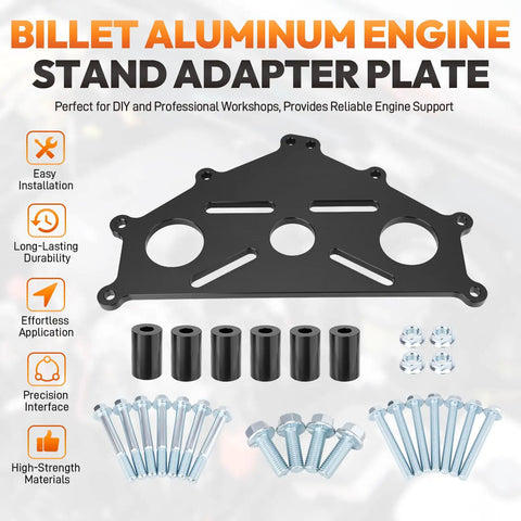 Billet Aluminum Engine Safe Stand Adapter Plate For Chevy Small Block Big Block And GM LS LT V8 Engines Beefy Built Heavy Duty Durable Fitment For LS1 LS2 LS3 LS6 LS7 LS9 L76 L92 L96 LQ4 LQ9 And More, black anodized plate with bolts