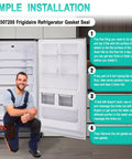 Front view: Refrigerator door gasket seal kit, 30.7 in × 60.2 in, compatible with Frigidaire/Kenmore/Electrolux; technician kneels beside open fridge.