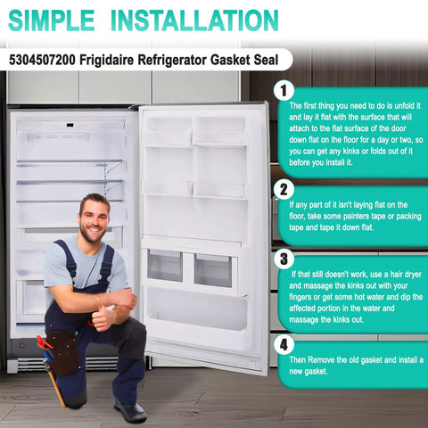 Front view: Refrigerator door gasket seal kit, 30.7 in × 60.2 in, compatible with Frigidaire/Kenmore/Electrolux; technician kneels beside open fridge.