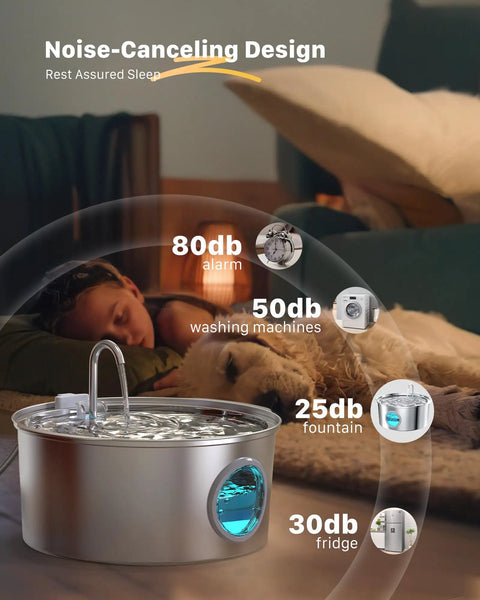 7L Large Breed Pet Water Fountain Stainless Steel Quiet Indoor Dog Waterer For Large Dogs And Cats In Multi Pet Homes shown near sleeping child and dog with noise levels infographic