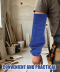 Heavy Duty Flame Resistant Welding Sleeves 21 Inch Blue Cotton Arm Guards worn by a worker in a workshop setting.