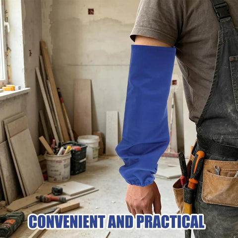 Heavy Duty Flame Resistant Welding Sleeves 21 Inch Blue Cotton Arm Guards worn by a worker in a workshop setting.