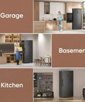 21.2 Cu Ft Convertible Upright Freezer Frost Free Space Saver showcased in garage, basement, and kitchen settings.