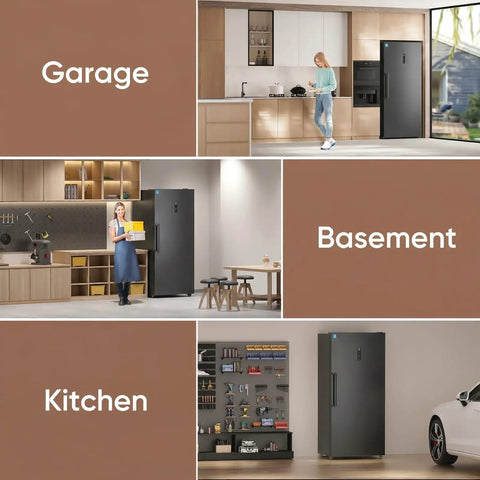 21.2 Cu Ft Convertible Upright Freezer Frost Free Space Saver showcased in garage, basement, and kitchen settings.
