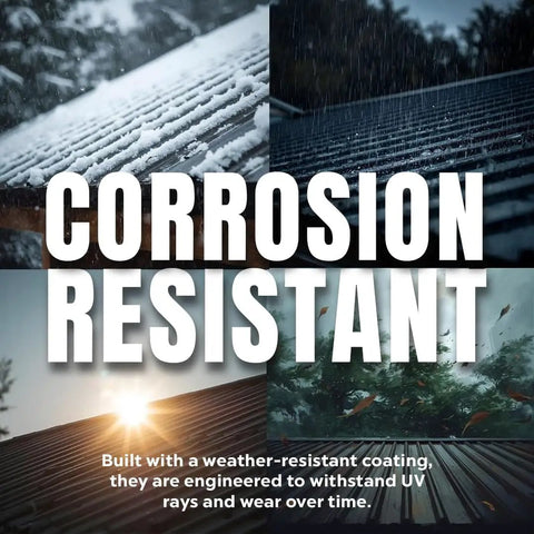 Composite image of weather-resistant metal roofing with text 'Corrosion Resistant' and a sunlit view of roofing in nature settings.