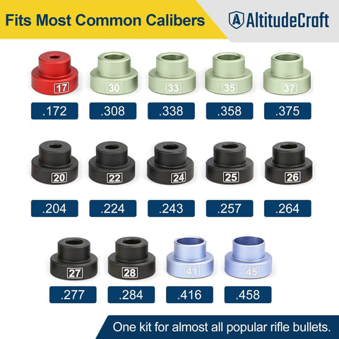 Bullet Comparator Kit With 14 Inserts For .17 To .45 Calibers showing various anodized aluminum inserts in multiple colors and sizes