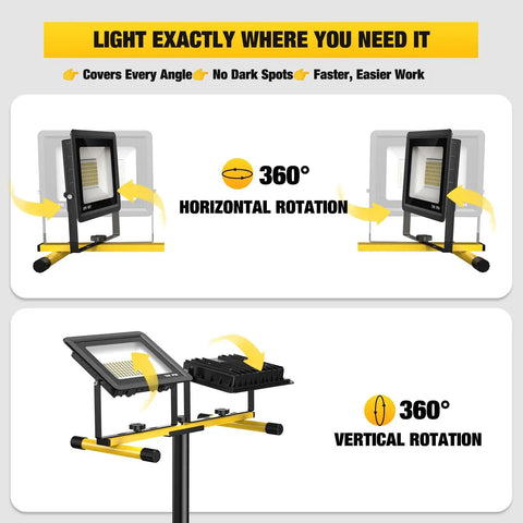 Diagram showing Ultra Bright LED Work Light With Stand Dual Head Adjustable Flood Light Waterproof Tripod with 360° rotation.
